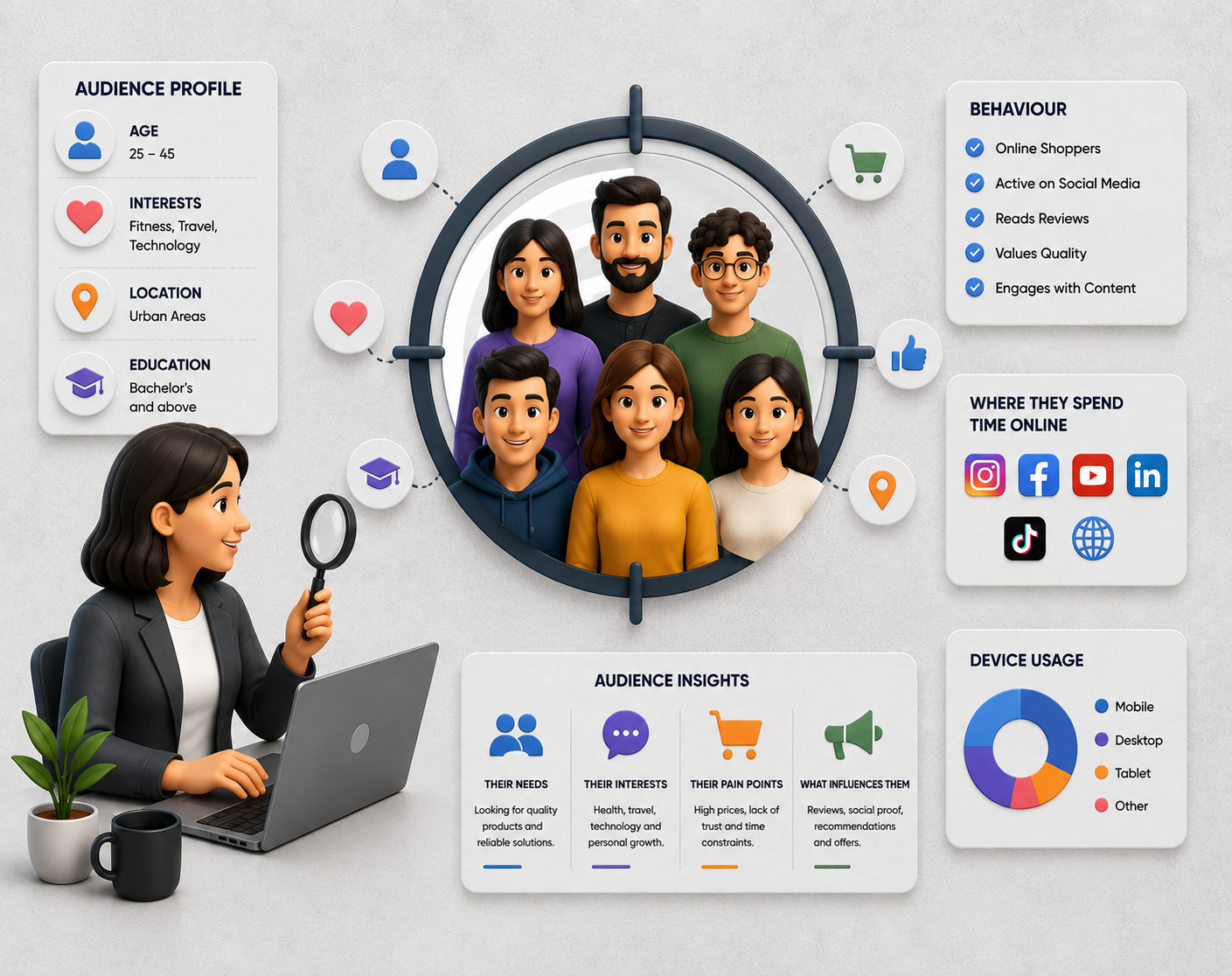 Audience research and customer persona analysis by a digital marketing agency in Surat, showing demographics, interests, online behavior, social media engagement, and device usage insights for effective digital marketing strategies.